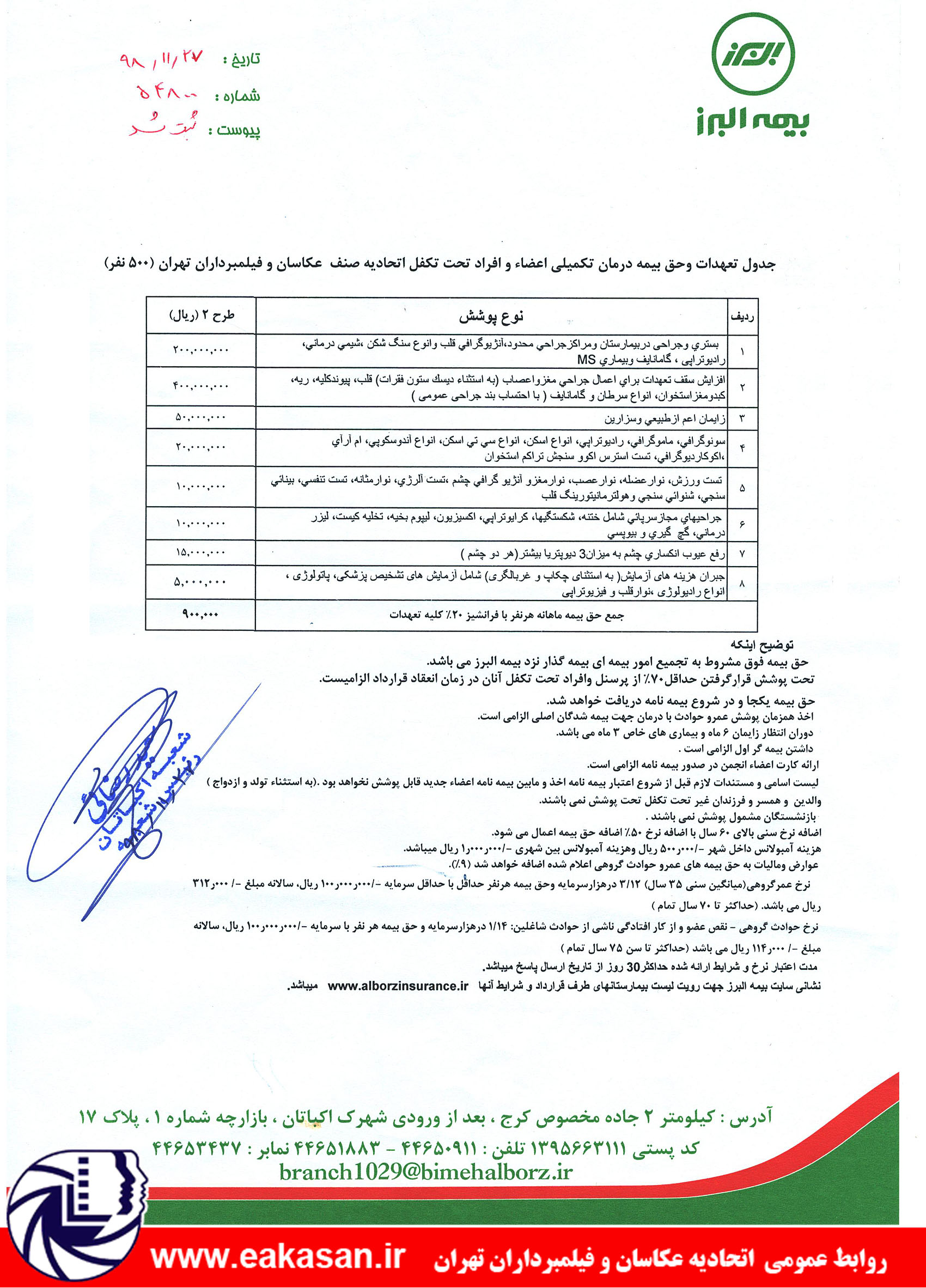 بیمه درمان تکمیلی اعضای اتحادیه عکاسان و فیلمبرداران تهران با شرکت بیمه البرز سال 1399